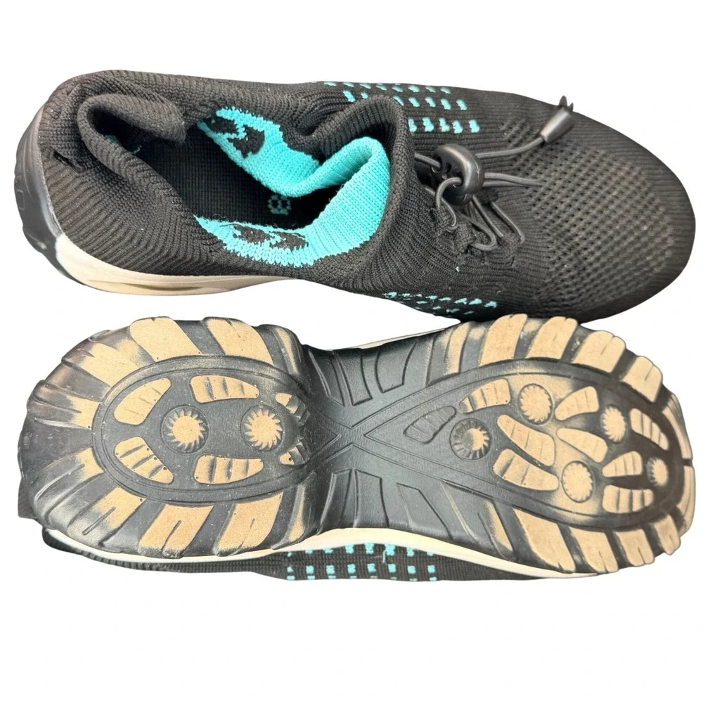 Walking Shoes Womens 38 Black Teal Knit Bungee Lace Air Cushion Sneakers